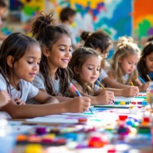 Kelas penuh siswa berkarya dengan alat seni.