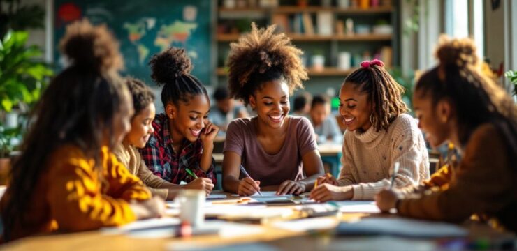 Kelas yang ceria dengan siswa belajar bersama.