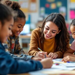 Siswa belajar bersama di kelas yang ceria dan aktif.