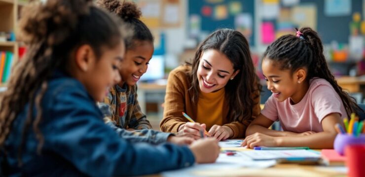 Siswa belajar bersama di kelas yang ceria dan aktif.