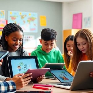 Kelas dengan siswa menggunakan tablet dan laptop.