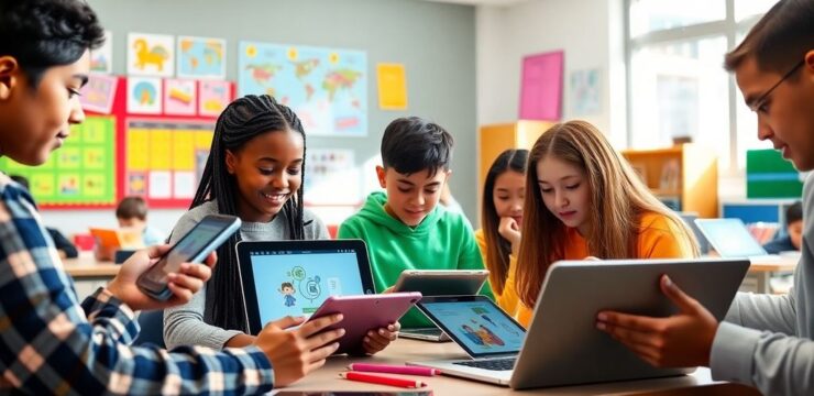 Kelas dengan siswa menggunakan tablet dan laptop.