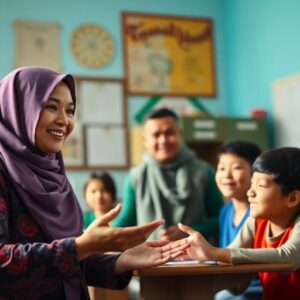 Guru inspiratif mengajar di kelas dengan siswa antusias.