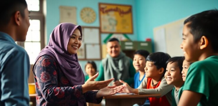 Guru inspiratif mengajar di kelas dengan siswa antusias.