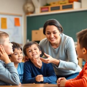 Guru berinteraksi dengan siswa di kelas yang nyaman.