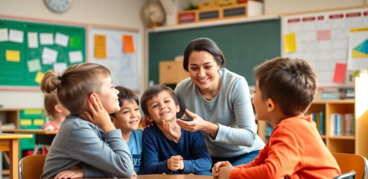 Guru berinteraksi dengan siswa di kelas yang nyaman.